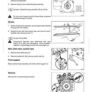 Op de afbeelding: Diagram van motor demontage met instructies voor het verwijderen van onderdelen zoals de demper en oliepan. Tekst bevat waarschuwingen over de toxiciteit van motorolie en het gewicht van onderdelen in kilogram.