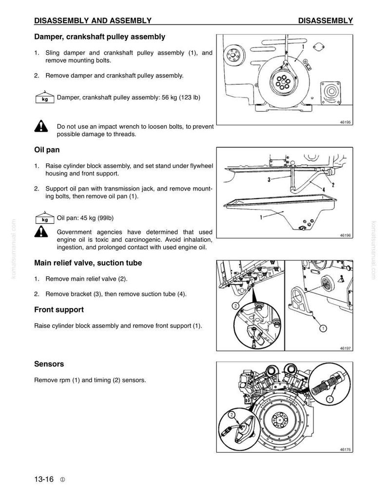Op de afbeelding: Diagram van motor demontage met instructies voor het verwijderen van onderdelen zoals de demper en oliepan. Tekst bevat waarschuwingen over de toxiciteit van motorolie en het gewicht van onderdelen in kilogram.