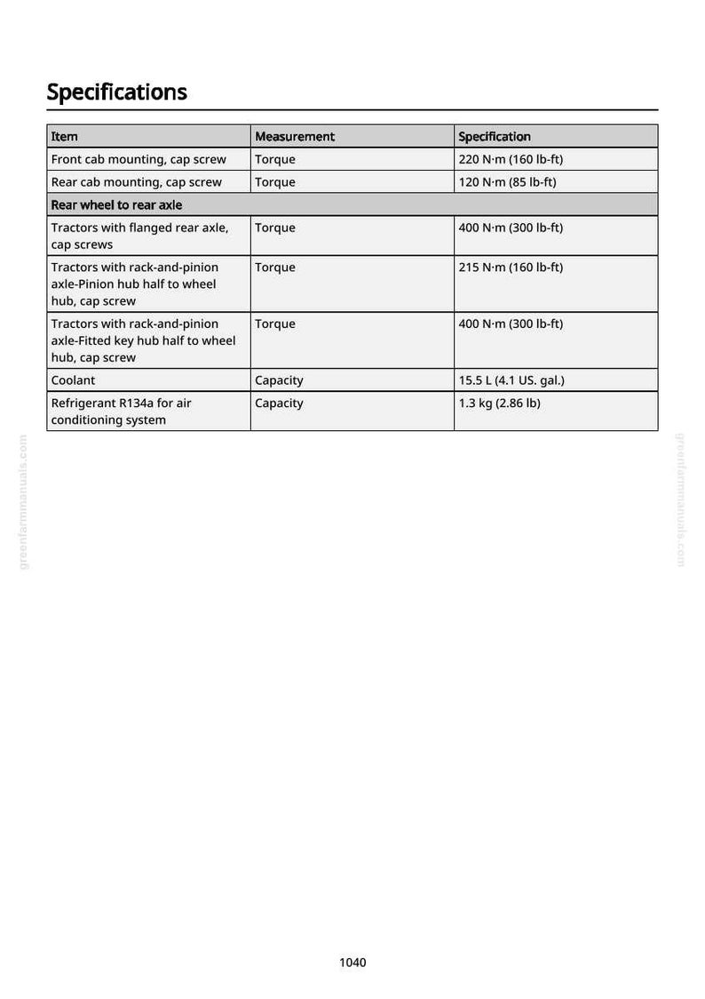 May include: A specifications table detailing measurements for tractor components. Includes torque specifications in lb-ft and N&middot;m for items like front and rear cab mounting, rear wheel to rear axle, and coolant capacity in US gallons and kg.