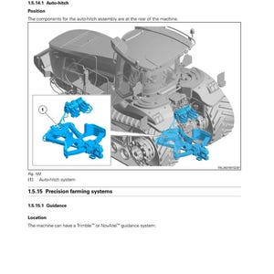 May include: Technical diagram of a Fendt tractor, detailing the auto-hitch and precision farming systems. The image highlights the linkage components in blue, with text labels such as "Auto-hitch system". The tractor's design is also visible. Includes the text "Precision farming systems."