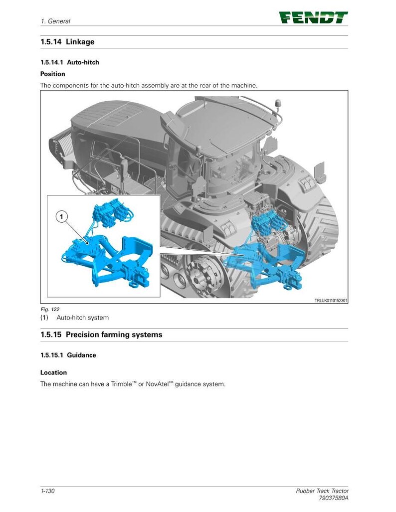 May include: Technical diagram of a Fendt tractor, detailing the auto-hitch and precision farming systems. The image highlights the linkage components in blue, with text labels such as "Auto-hitch system". The tractor's design is also visible. Includes the text "Precision farming systems."