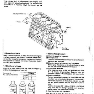 Puede incluir: Un diagrama de ingenier&iacute;a de un bloque de cilindros, con ilustraciones y texto detallados. La imagen incluye un esquema 3D del bloque, junto con instrucciones de inspecci&oacute;n y limpieza. Tambi&eacute;n se muestran tres botes de aerosol.