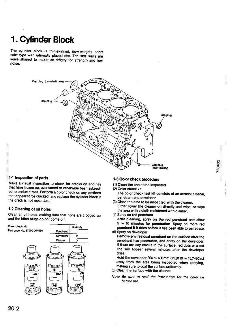 Puede incluir: Un diagrama de ingenier&iacute;a de un bloque de cilindros, con ilustraciones y texto detallados. La imagen incluye un esquema 3D del bloque, junto con instrucciones de inspecci&oacute;n y limpieza. Tambi&eacute;n se muestran tres botes de aerosol.