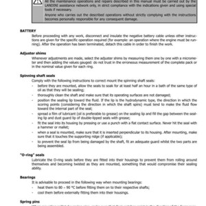 May include: A manual page titled "GENERAL INSTRUCTIONS" with section "1001". It contains instructions for maintenance, covering battery procedures, adjuster shims, spinning shaft seals, O-ring seals, bearings, and spring pins, with safety warnings.