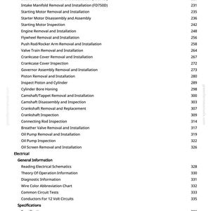 May include: A detailed contents page from a manual, listing automotive repair procedures. The text includes topics like "Fuel Injector Removal," "Cylinder Head Removal," and "Engine Removal." Page numbers are listed on the right side of the page.