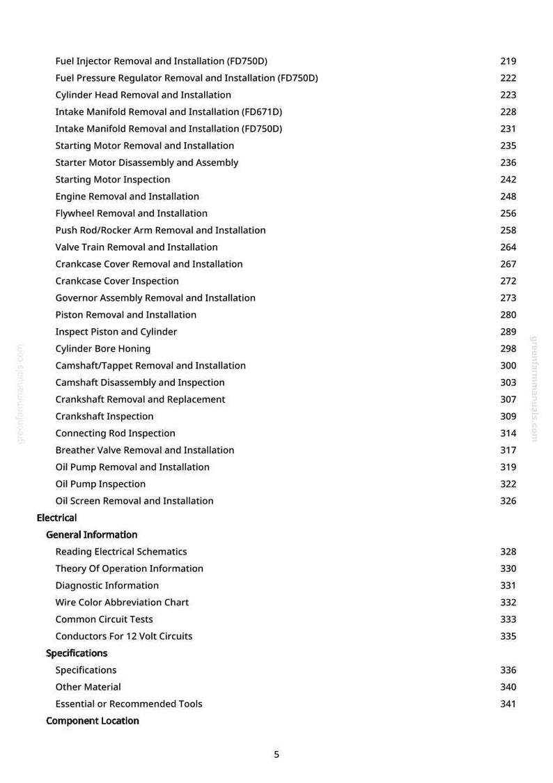 May include: A detailed contents page from a manual, listing automotive repair procedures. The text includes topics like "Fuel Injector Removal," "Cylinder Head Removal," and "Engine Removal." Page numbers are listed on the right side of the page.