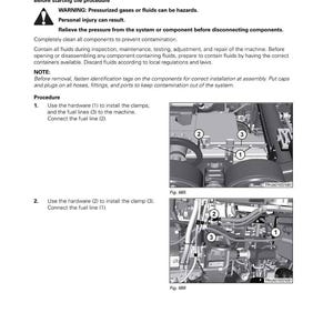 May include: A page from a Fendt tractor manual detailing the installation of fuel lines. The text includes warnings about pressurized gases and instructions for connecting hardware and clamps to the fuel lines. Diagrams show the fuel line connections.