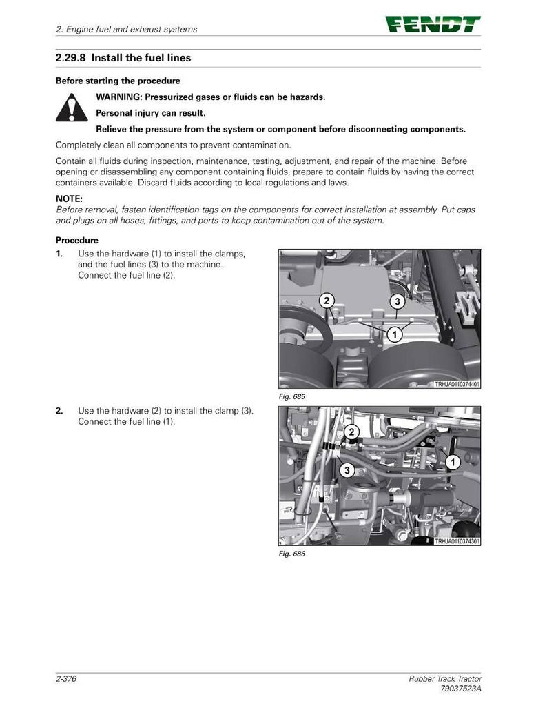 May include: A page from a Fendt tractor manual detailing the installation of fuel lines. The text includes warnings about pressurized gases and instructions for connecting hardware and clamps to the fuel lines. Diagrams show the fuel line connections.