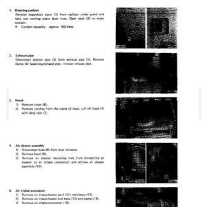 May include: A page from a manual detailing the disassembly and assembly of a cylinder head. The text includes instructions for draining coolant, removing the exhaust pipe, hood, air cleaner assembly, and air intake connector. The coolant capacity is approximately 150 liters.