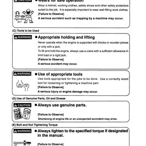 Op de afbeelding: Een pagina uit een handleiding met veiligheidsinstructies. De tekst bevat waarschuwingen over werkkleding, tillen en vasthouden, het gebruik van geschikte gereedschappen en originele onderdelen.