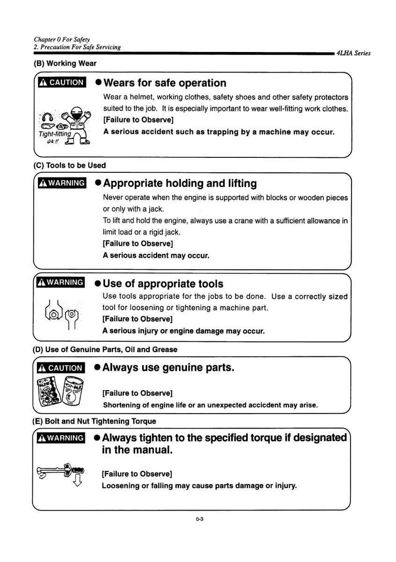 Op de afbeelding: Een pagina uit een handleiding met veiligheidsinstructies. De tekst bevat waarschuwingen over werkkleding, tillen en vasthouden, het gebruik van geschikte gereedschappen en originele onderdelen.