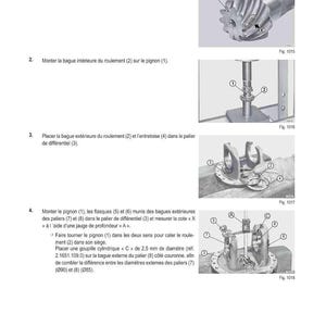 May include: Diagram of a mechanical intervention method with numbered steps and illustrations. Includes images of gears, bearings, and other automotive components. Text in French provides instructions for adjusting and assembling parts.