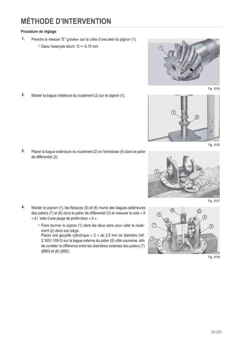 May include: Diagram of a mechanical intervention method with numbered steps and illustrations. Includes images of gears, bearings, and other automotive components. Text in French provides instructions for adjusting and assembling parts.