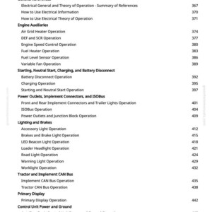 May include: A white-background page from a manual with a detailed table of contents. The text is black and organized into sections like "Tests and Adjustments," "Electrical General and Theory of Operation," and "Lighting and Brakes."