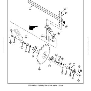 May include: An exploded diagram of a single row marker, labelled "Exploded View of Single Row Marker." The diagram shows various mechanical components, including a toothed wheel, bolts, and brackets, with labels A through AB.