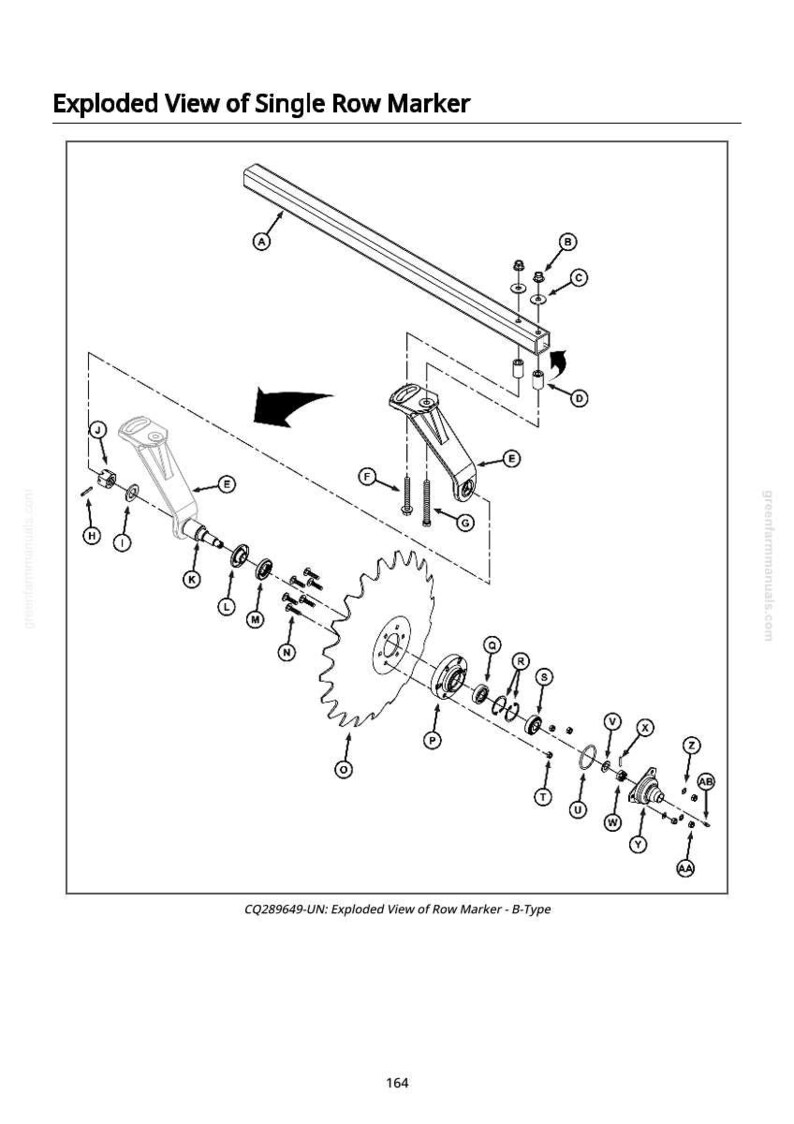 May include: An exploded diagram of a single row marker, labelled "Exploded View of Single Row Marker." The diagram shows various mechanical components, including a toothed wheel, bolts, and brackets, with labels A through AB.