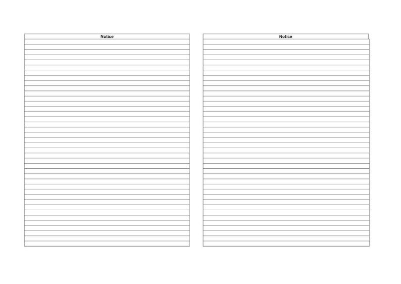 以下が含まれることがあります： 上部に「Notice」という文字が入った、白い罫線入りのページが2つ。各ページには、書き込み用の水平線があります。ページは白い背景に並んで配置されています。ページは空白で、メモを取る準備ができています。