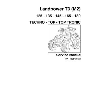 May include: A service manual for the Landpower T3 (M2) tractor. The cover shows a line drawing of the tractor model, with the text "Landpower T3 (M2)" and model numbers 125-135-145-165-180. The manual also includes the text "TECHNO - TOP - TOP TRONIC".