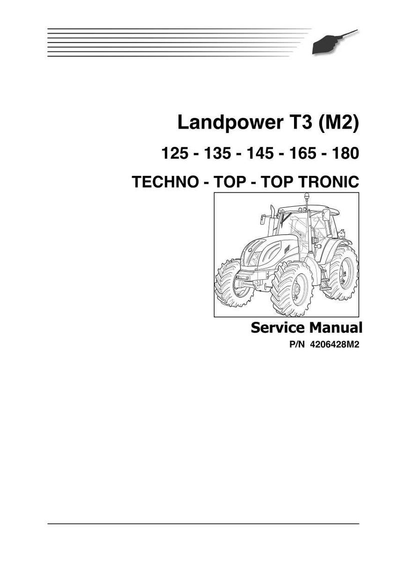 May include: A service manual for the Landpower T3 (M2) tractor. The cover shows a line drawing of the tractor model, with the text "Landpower T3 (M2)" and model numbers 125-135-145-165-180. The manual also includes the text "TECHNO - TOP - TOP TRONIC".