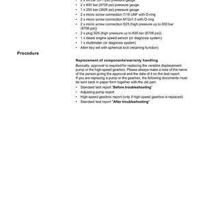 May include: A page from a repair manual with the title "Introduction" and the Weidemann logo. The page lists required tools and screw connections, including pressure gauges, screw connections, and a diesel engine speed sensor. The text also details procedures.