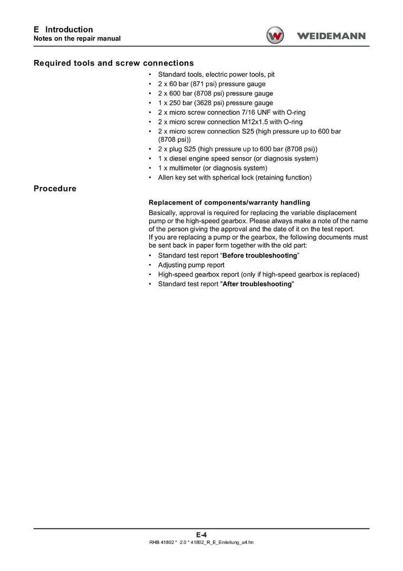 May include: A page from a repair manual with the title "Introduction" and the Weidemann logo. The page lists required tools and screw connections, including pressure gauges, screw connections, and a diesel engine speed sensor. The text also details procedures.