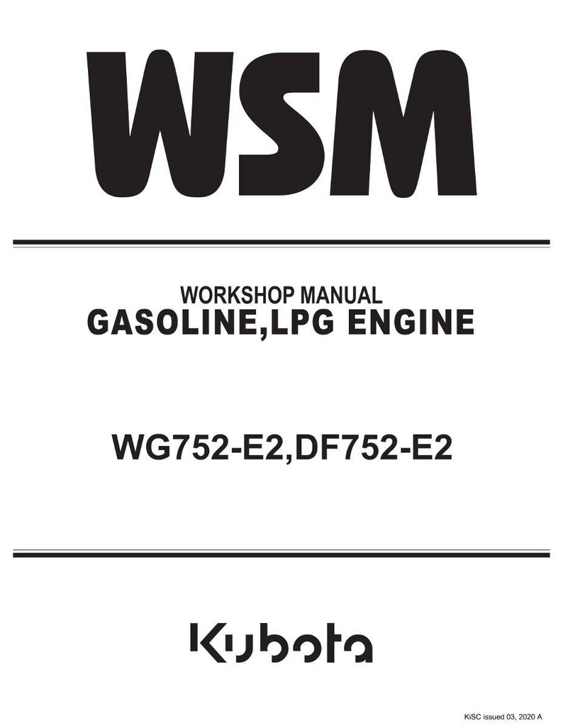 May include: A white document with black text. The text reads "WSM WORKSHOP MANUAL GASOLINE, LPG ENGINE WG752-E2, DF752-E2" and the Kubota logo. The document is a workshop manual.