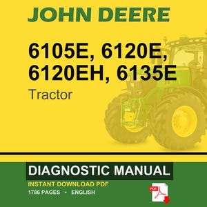 K&ouml;nnte beinhalten: Titelbild eines John Deere Traktor-Diagnosehandbuchs. Das Bild zeigt einen gr&uuml;nen Traktor auf gelbem Hintergrund mit dem Text "JOHN DEERE" und Traktormodellnummern. Der untere Abschnitt enth&auml;lt die Worte "DIAGNOSTIC MANUAL".