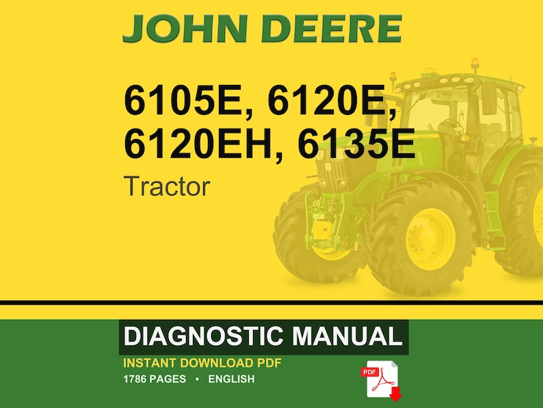 K&ouml;nnte beinhalten: Titelbild eines John Deere Traktor-Diagnosehandbuchs. Das Bild zeigt einen gr&uuml;nen Traktor auf gelbem Hintergrund mit dem Text "JOHN DEERE" und Traktormodellnummern. Der untere Abschnitt enth&auml;lt die Worte "DIAGNOSTIC MANUAL".