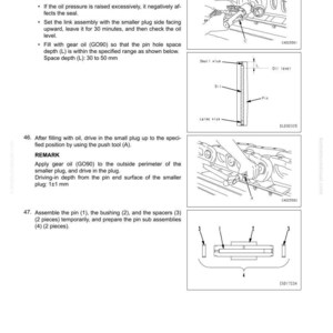 Op de afbeelding: Diagram van demontage en montage van een rupsband. Instructies omvatten het vullen met olie, het controleren van de niveaus en het monteren van onderdelen. Tekst met afmetingen in mm en kPa.