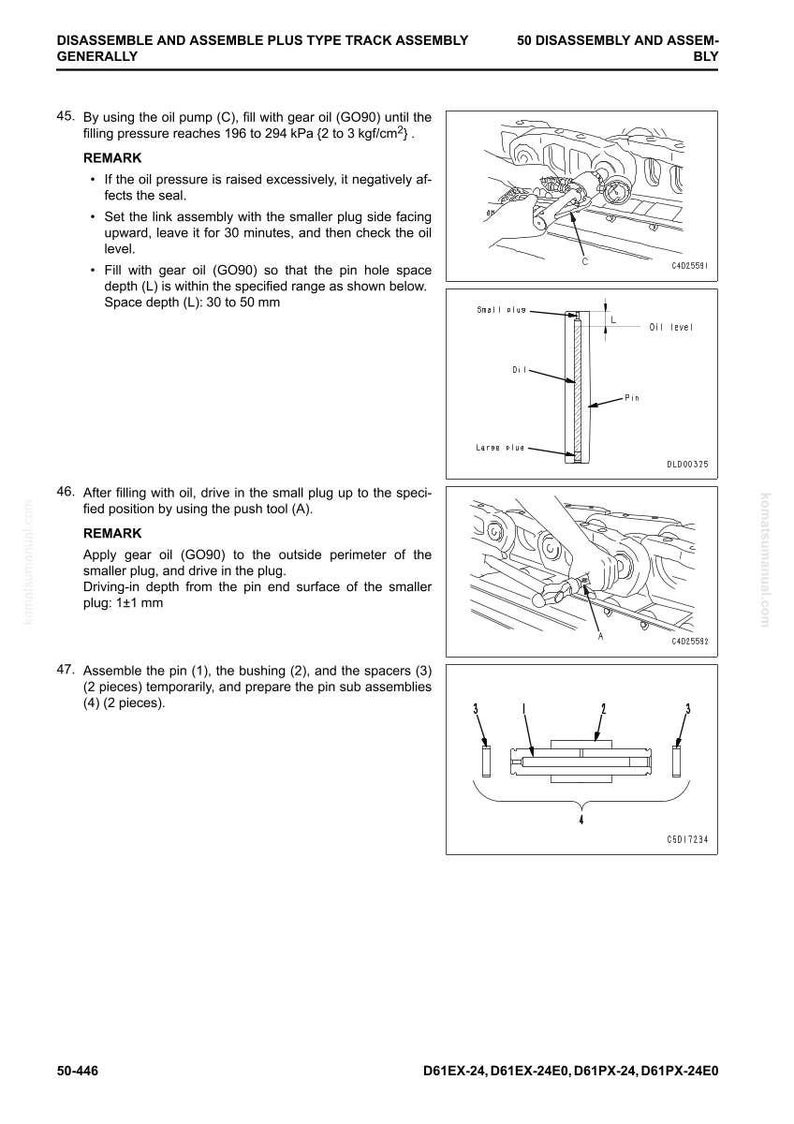 Op de afbeelding: Diagram van demontage en montage van een rupsband. Instructies omvatten het vullen met olie, het controleren van de niveaus en het monteren van onderdelen. Tekst met afmetingen in mm en kPa.