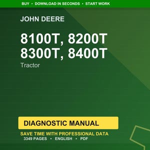 Op de afbeelding: Een groene en gele omslag van een diagnosehandleiding voor John Deere tractoren. De tekst bevat "8100T, 8200T, 8300T, 8400T" en "Tractor". De handleiding is gelabeld als "Diagnosehandleiding".