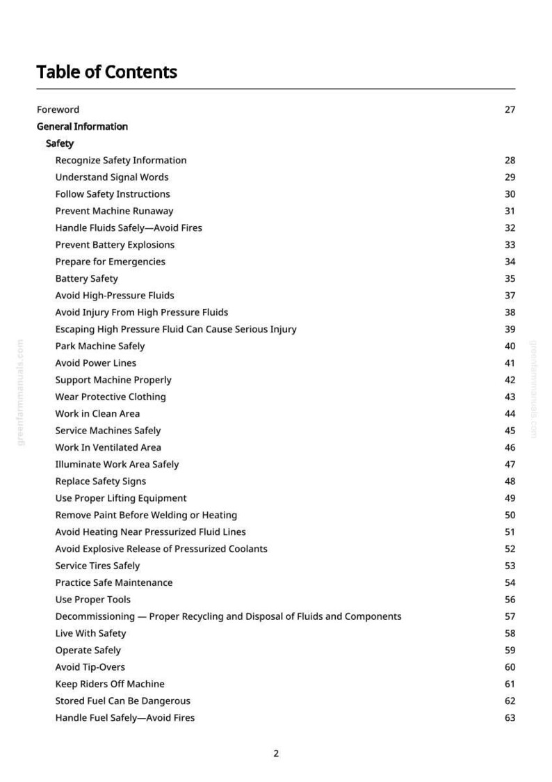 May include: A black and white page titled "Table of Contents" from a manual. The table lists safety topics such as "Handle Fluids Safely" and "Avoid Fires". The page number is 2.