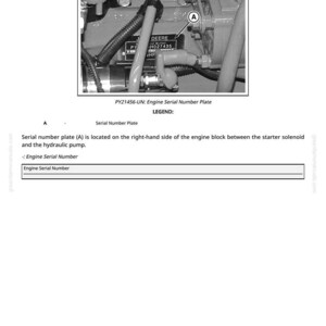 May include: Diagram of an engine component with the text "DEERE H027435 HP" on a serial number plate. The plate is located on the right side of the engine block, between the starter solenoid and the hydraulic pump. The image is from a manual.