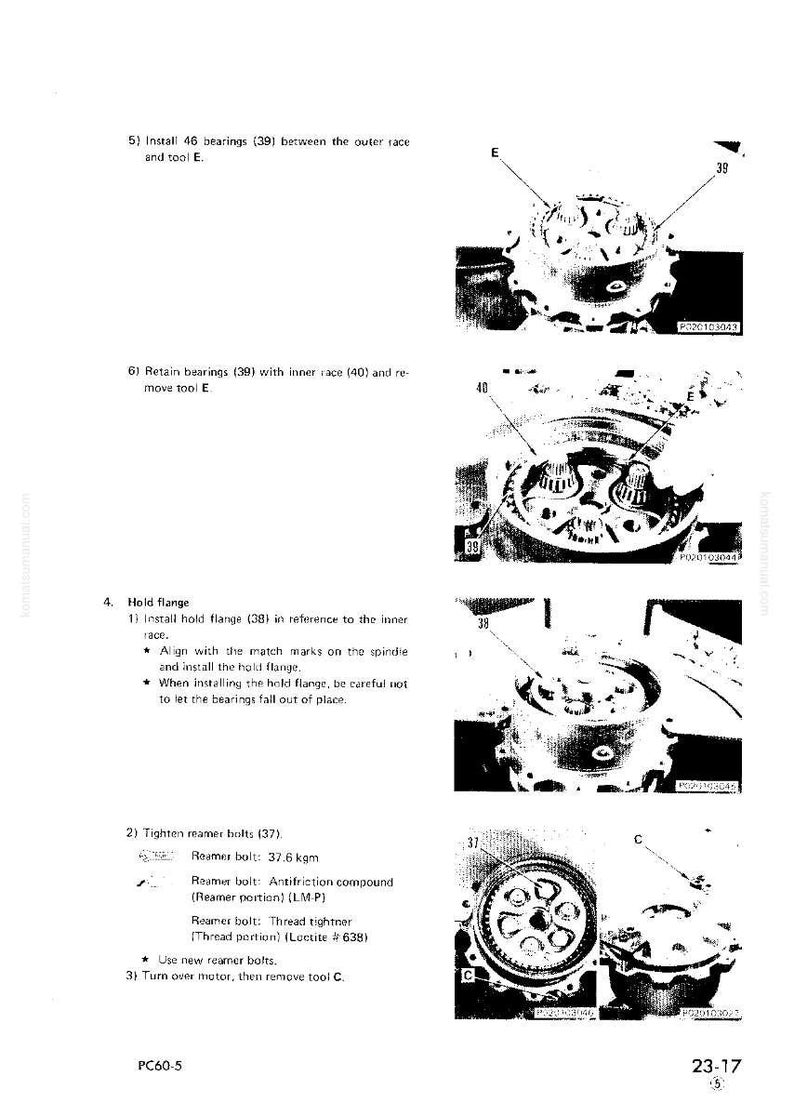 K&ouml;nnte beinhalten: Technische Zeichnung mit Schritt-f&uuml;r-Schritt-Anleitungen f&uuml;r die Montage einer mechanischen Komponente. Das Bild enth&auml;lt Nahaufnahmen von Teilen, die mit Nummern und Buchstaben gekennzeichnet sind, sowie detaillierte Textanweisungen. Das Diagramm ist f&uuml;r ein PC60-5-Modell.