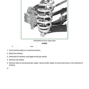 May include: Diagram showing the removal of a rear bearing carrier. The image highlights the brake caliper, spring, and related components. Text includes instructions for removing the rear caliper bolts and other steps. The text also includes the legend and the part number.