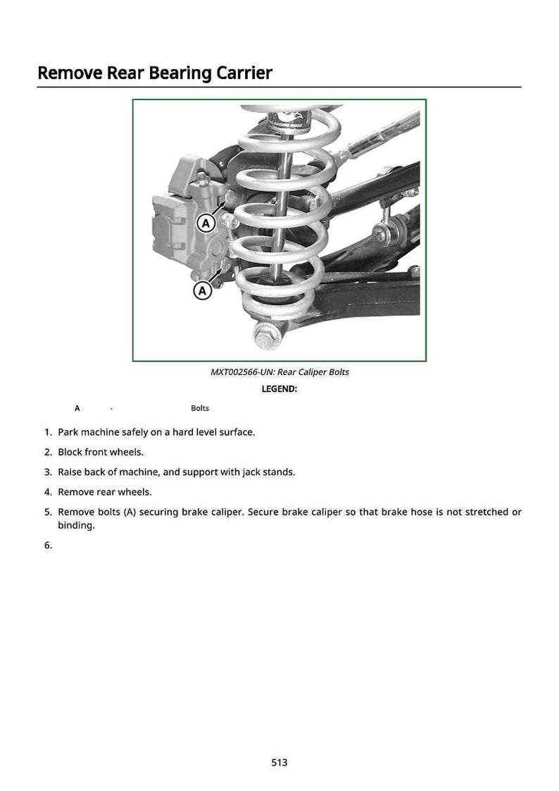 May include: Diagram showing the removal of a rear bearing carrier. The image highlights the brake caliper, spring, and related components. Text includes instructions for removing the rear caliper bolts and other steps. The text also includes the legend and the part number.