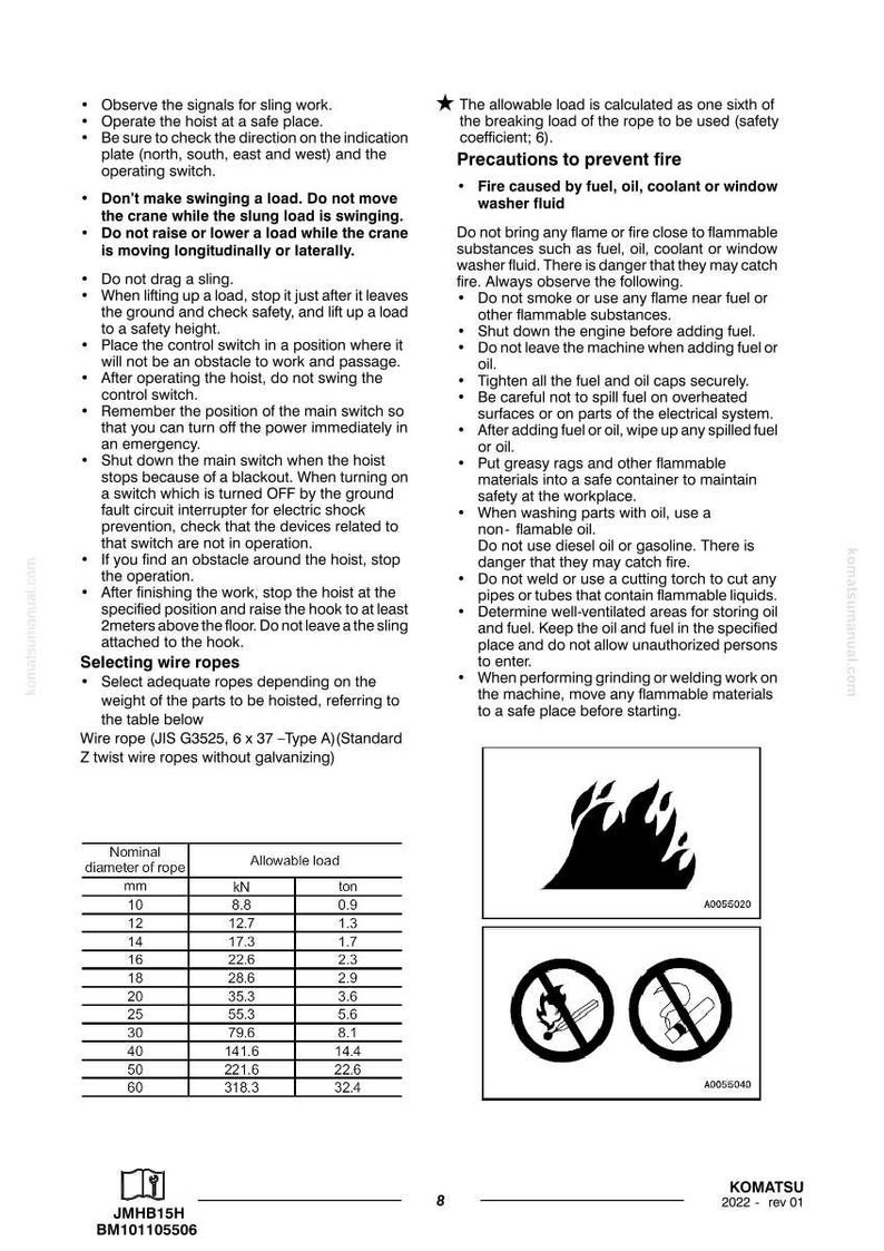 May include: A Komatsu manual page with safety instructions and wire rope specifications. Includes diagrams, warnings about fire prevention, and a table detailing rope diameter in mm, allowable load in kN and tons. The document is dated 2022.