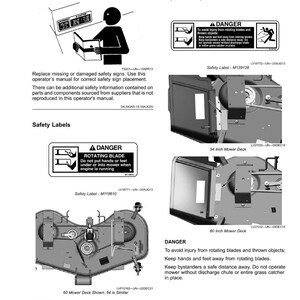 Pode incluir: P&aacute;gina de um manual do operador com etiquetas de seguran&ccedil;a e diagramas para um cortador de relva. As etiquetas alertam sobre l&acirc;minas rotativas e a import&acirc;ncia de manter as m&atilde;os e os p&eacute;s afastados. O manual inclui diagramas de plataformas de corte.