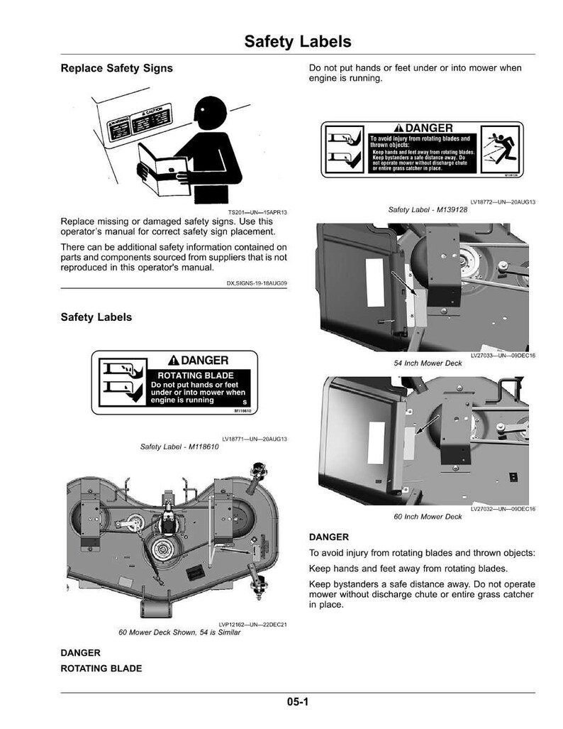 Pode incluir: P&aacute;gina de um manual do operador com etiquetas de seguran&ccedil;a e diagramas para um cortador de relva. As etiquetas alertam sobre l&acirc;minas rotativas e a import&acirc;ncia de manter as m&atilde;os e os p&eacute;s afastados. O manual inclui diagramas de plataformas de corte.