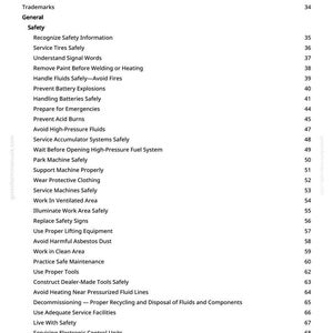 Puede incluir: Una p&aacute;gina blanca con una tabla de contenidos en negro para un manual. La tabla enumera temas de seguridad como "Reparar neum&aacute;ticos de forma segura" y "Evitar el polvo de amianto nocivo". Los n&uacute;meros de p&aacute;gina est&aacute;n a la derecha.