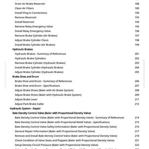 May include: A page from a manual with a list of automotive repair topics, including air brakes, hydraulic brakes, and bale density control valves. The text is black on a white background, with page numbers on the right.