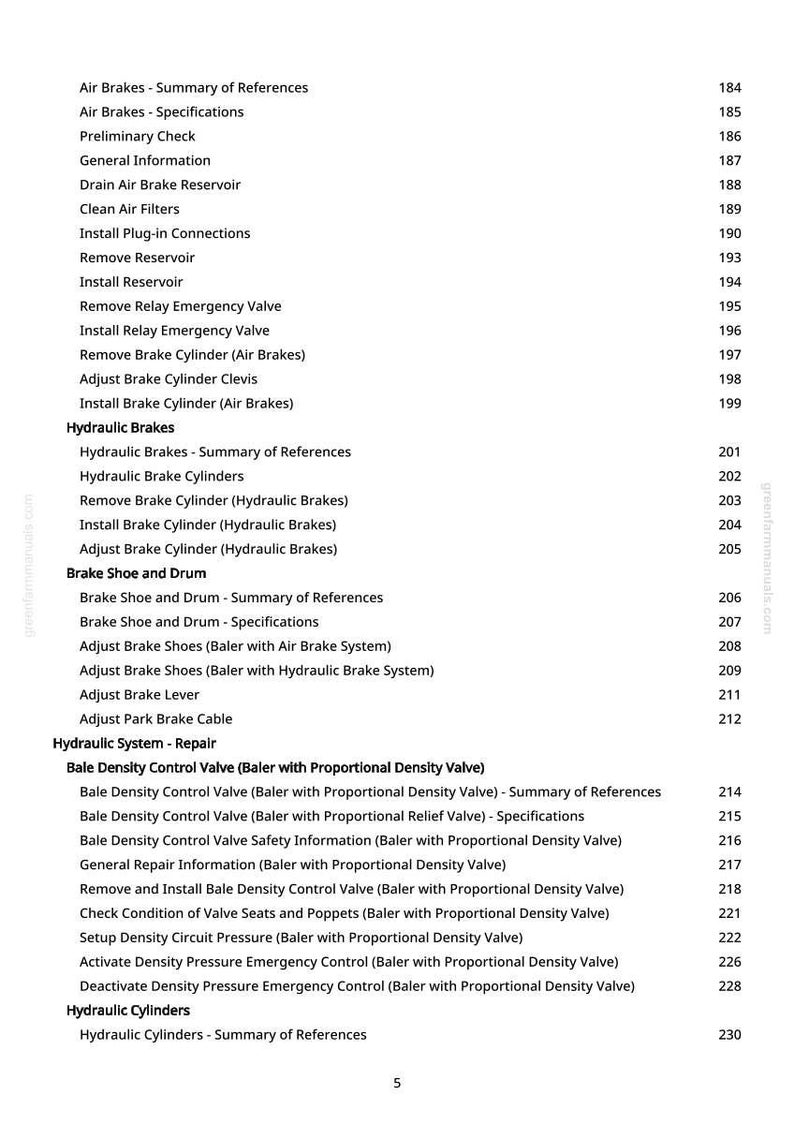 May include: A page from a manual with a list of automotive repair topics, including air brakes, hydraulic brakes, and bale density control valves. The text is black on a white background, with page numbers on the right.