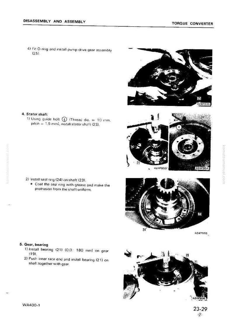 May include: A manual page showing torque converter disassembly and assembly instructions. Diagrams illustrate the fitting of components such as the O-ring, stator shaft, and gear bearings. Text includes measurements in mm.