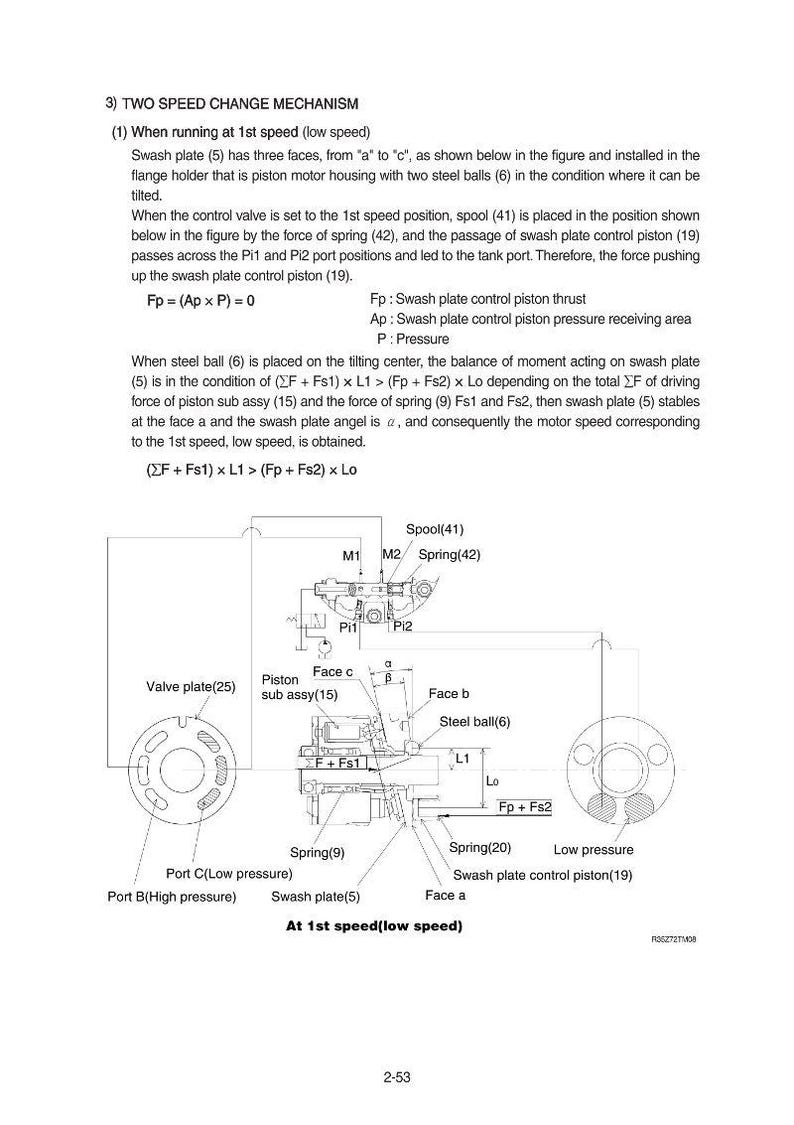 May include: Diagram of a two-speed change mechanism, detailing components like the swash plate, spool, and springs. Includes equations and labels for various parts, illustrating the mechanism's function at low speed.
