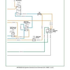 May include: Schematic diagram of an ignition interlock circuit, featuring various switches, relays, and wiring. The diagram includes labels such as "PTO Switch," "Park Brake Switch," and "Seat Switch," with wire colors and designations. The text "MXT005255-UN" is visible.