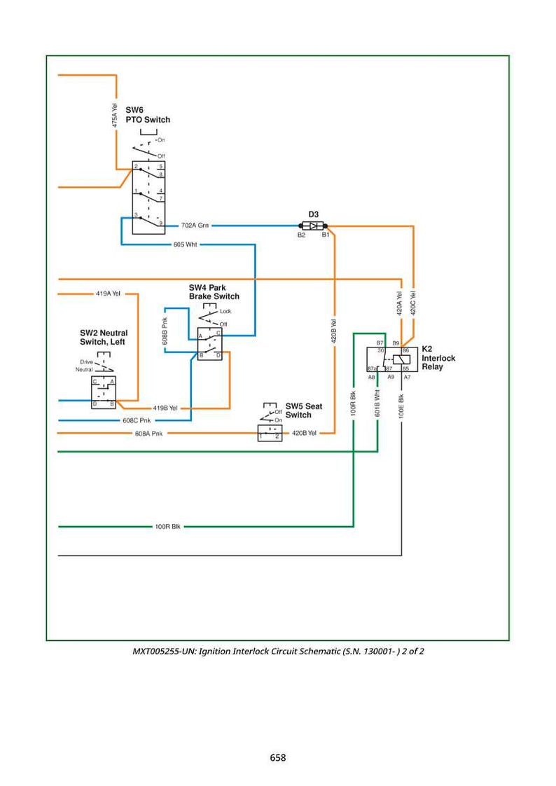 May include: Schematic diagram of an ignition interlock circuit, featuring various switches, relays, and wiring. The diagram includes labels such as "PTO Switch," "Park Brake Switch," and "Seat Switch," with wire colors and designations. The text "MXT005255-UN" is visible.