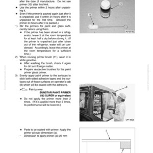 May include: Image from a manual showing the disassembly and assembly of an operator's cab glass. Includes a diagram, a bottle of SUNSTAR PAINT PRIMER, a brush, and a person applying primer. The dimension to apply primer is 25 mm.
