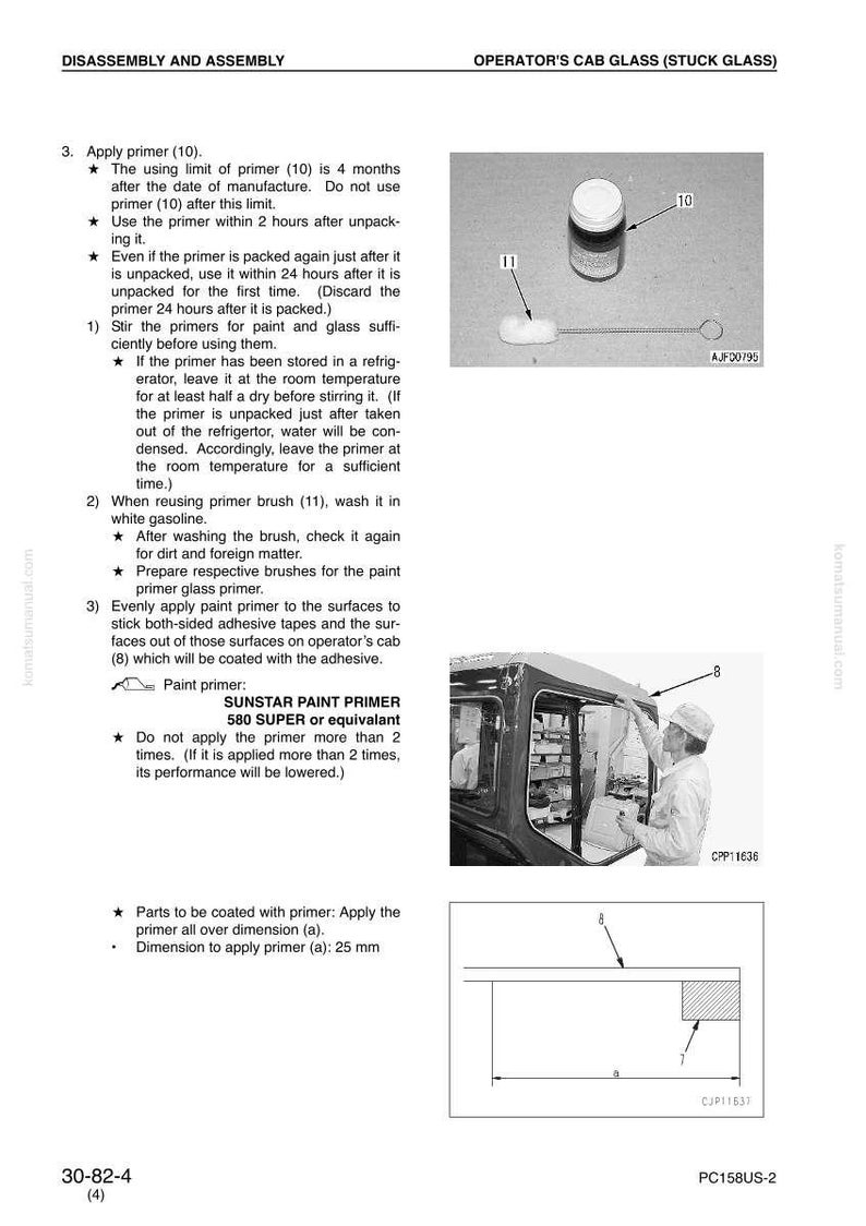 May include: Image from a manual showing the disassembly and assembly of an operator's cab glass. Includes a diagram, a bottle of SUNSTAR PAINT PRIMER, a brush, and a person applying primer. The dimension to apply primer is 25 mm.