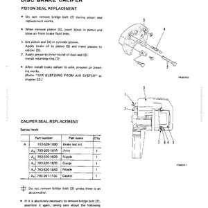 May include: Diagram of a disc brake caliper with labels and instructions for piston seal replacement. Includes a parts list with part numbers and names. The image is from a manual.