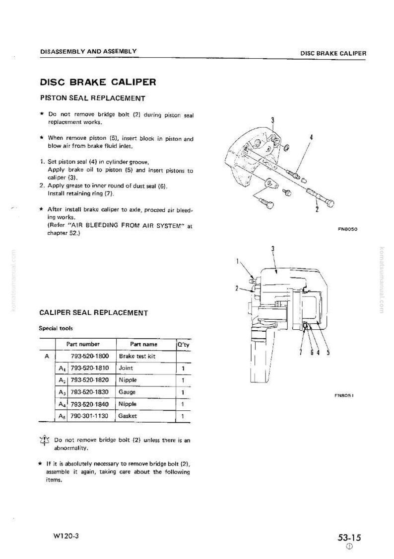 May include: Diagram of a disc brake caliper with labels and instructions for piston seal replacement. Includes a parts list with part numbers and names. The image is from a manual.